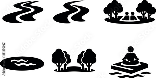 Solid vector icons of deceleration-focused park design: elongated curves, slow-turn paths, wide breathing zones; calm-water basin