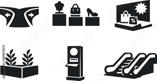 Solid vector icons of impulse-driven mall design: funneling walkway, sequential showcase stands, high-visibility promo corner;