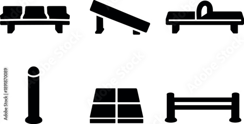 Solid vector icons of defensive urban benches: segmented seating bar, angled rest surface, anti-lie divider; street post,