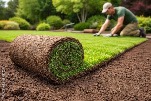 Gardener installing roll out sod turf lawn