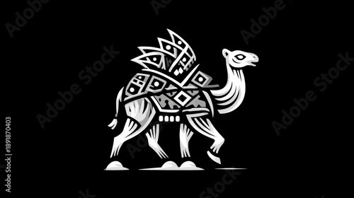 Stylized grayscale illustration of a camel with ornate saddle and decorative headpiece on black background