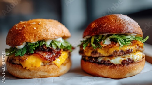 Delicious cheeseburgers with bacon and fresh greens on sesame buns.