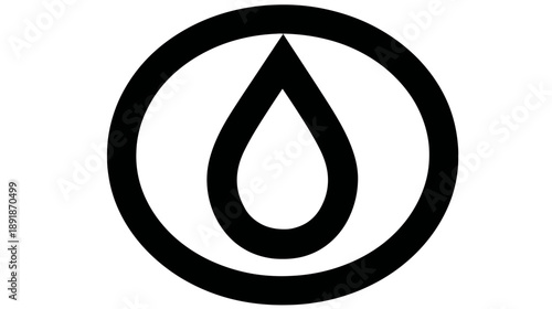 A black and white graphic featuring a teardrop shape inside a circle, both defined by solid lines