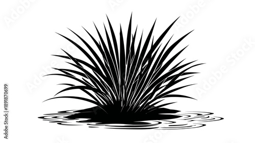 A monochrome illustration of reeds and water reflections. High contrast. Simple, clean, minimal design