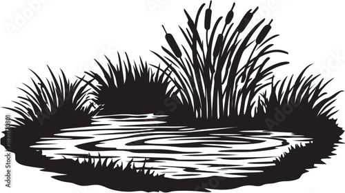 A pond scene with grass and cattails silhouetted in black against a white backdrop