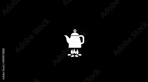 White kettle icon centered on a black background, with stylized flames beneath