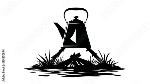 Black and white illustration of a kettle over a campfire with grass around the base