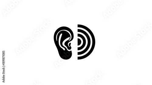 Black and white illustration depicting an ear and sound waves emanating from it, on white