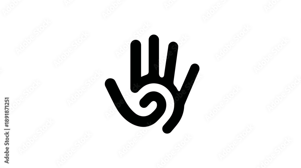 Obraz premium Stylized, minimalist hand symbol with a swirling design on the palm, stark contrast on white