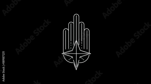 A symmetrical, white line art design on black. The design evokes a crest or insignia