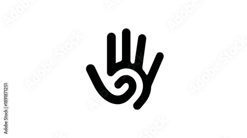 Stylized, minimalist hand symbol with a swirling design on the palm, stark contrast on white