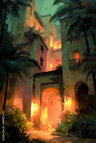 A moody, painterly scene of a tropical courtyard with palm trees and warm lantern light glowing through arched doorways and balconies at dusk.