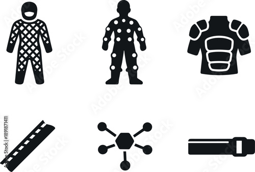Solid vector icons of proprioception-dampening garments: suit-wide buffer mesh, distributed sensory muters, body-awareness