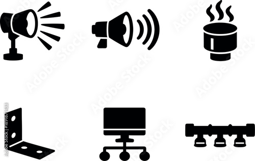 Solid vector icons of high-intensity stimulus arrays: glare-beam lamp, sonic-blast driver, scent-injection head; structural