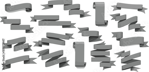 Multiple grey 3D ribbon banners floating randomly in a digital space viewed from a slight angle