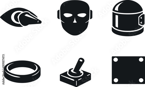 Solid vector icons of temporary sense-suppression apparatus: targeted sensory blocker, isolation mask segment, reduction chamber;