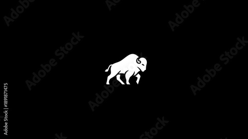 A white silhouette of an animal, likely a bison, in a forward-moving stance, against black