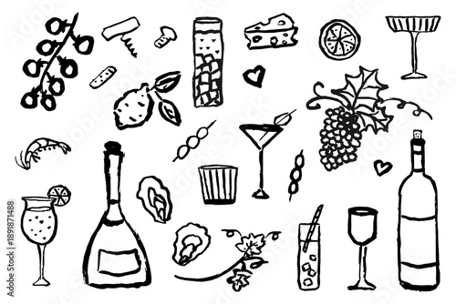 Hand drawn italian food set. Wine vector sketch set. Wine glass, bottle, grape, olive, cheese, tomato, lemon, oyster. Dolce vita aesthetics. Perfect for print, design menu, sticker.