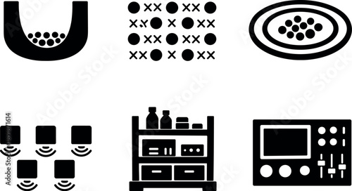 Fermi–Dirac Research Tools. Solid vector icons of Fermi–Dirac condensate research tools: fermion-density well, exclusion-ruled