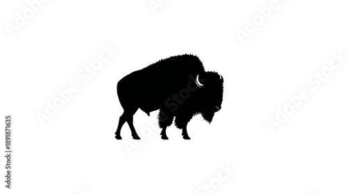 A silhouette of a large, shaggy bison in a walking pose against a clean white background