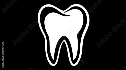 A stark, minimalist depiction of a molar, rendered in white with a bold black outline