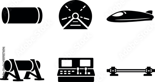 Solid vector icons of vacuum tunnels for supersonic trains: sealed tube segment, low-pressure corridor, streamlined train pod;
