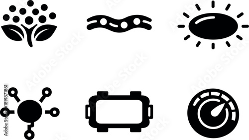 Solid vector icons of bioluminescent dermal lighting systems: algae-light cluster, nutrient micro-channel, gentle glow field;