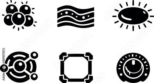 Solid vector icons of bioluminescent dermal lighting systems: algae-light cluster, nutrient micro-channel, gentle glow field;