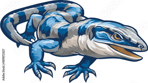 Graphic depiction of a reptile. It has a blue and grey pattern and a focused expression
