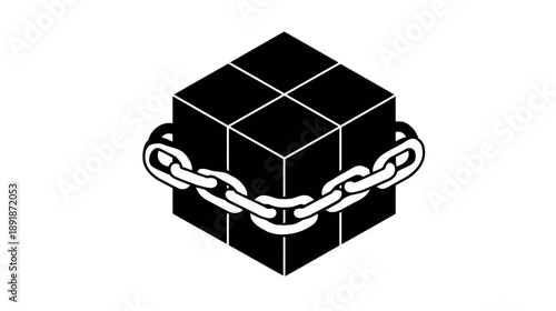 A black and white illustration of a cube with a chain wrapped around it