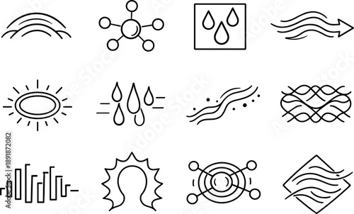 Fear Scent Signals Grid. Line style vector icons of fear scent signals: subtle plume arc, pheromone node, stress droplet tile,