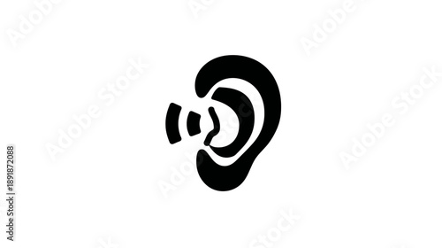 A minimalist illustration of an ear, with sound waves emanating from it, on a white background