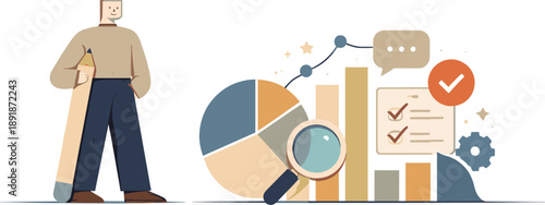 Calm abstract geometric figure stands beside final cohesive arrangement of interrelated analytical shapes in wide empty space,