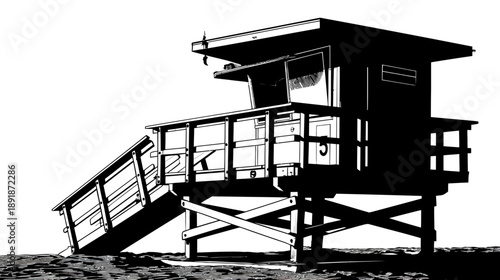 A black and white lifeguard station on stilts with a ladder reaching the shore