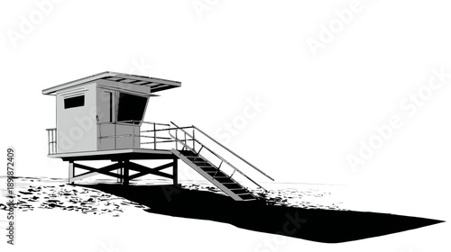 Black and white illustration of a lifeguard station on the beach