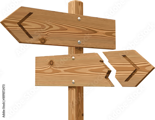 Multiple wooden directional signs pointing in different directions on a single post, indicating various paths to choose from.