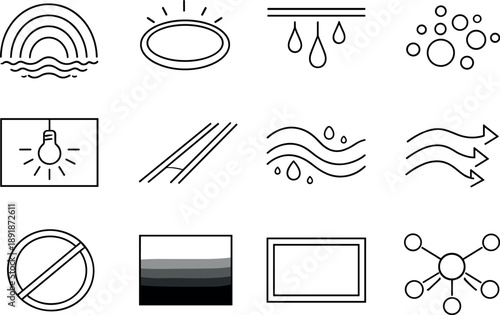 Line style vector icons of tunnel ambience: echo wave arc, dim light ring, dripping water line, dust mote cluster, warm lamp tile