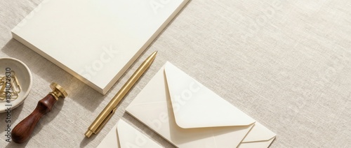 minimalist stationery set with golden pen on linen surface in warm sunlight