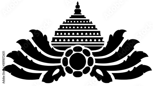 Black and white silhouette of an elaborate stylized element with layers and floral details