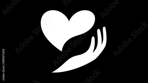 A white stylized heart, partially embraced by a hand, against a black background