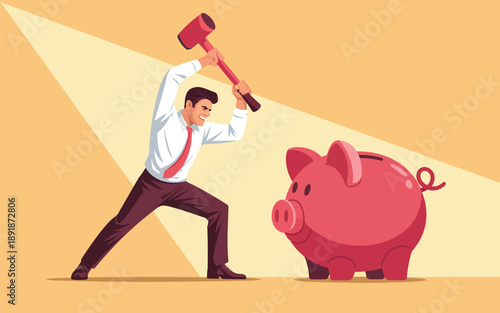 Man smashing piggy bank with hammer, illustration of breaking savings, financial struggle, cartoon style, bold action