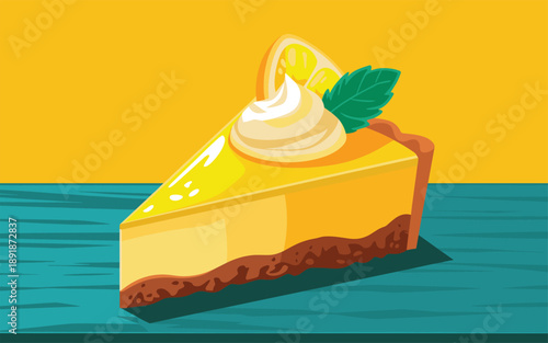 A vibrant illustration of a lemon cheesecake slice with whipped cream and mint on a wooden table viewed from the side