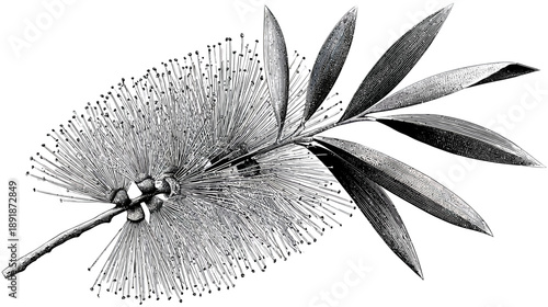 A detailed black and white illustration of a flowering plant stem with leaves