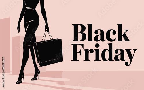 Woman walking with shopping bag near Black Friday text illustration