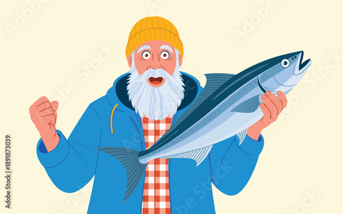 A jubilant fisherman proudly holding a large fish, showcasing his catch with a triumphant gesture in a graphic illustration
