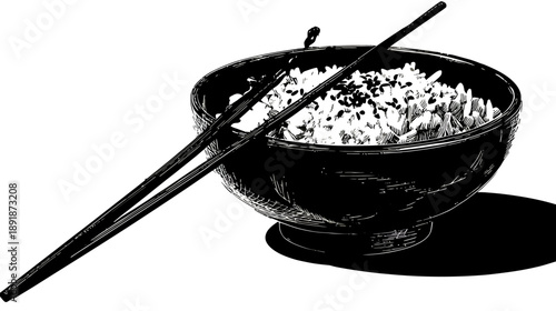 A black and white illustration of a bowl filled with rice and sesame seeds, with chopsticks