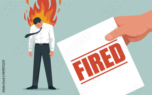A man in a white shirt and black tie being fired as flames engulf his head, receiving a termination letter