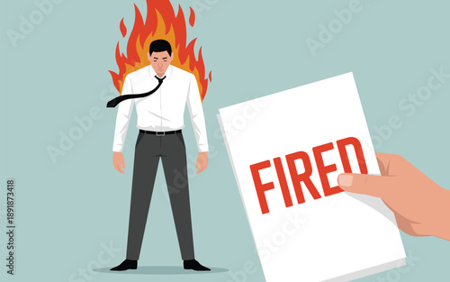 Man in a white shirt and tie being fired, with flames engulfing his body, as he receives a termination letter