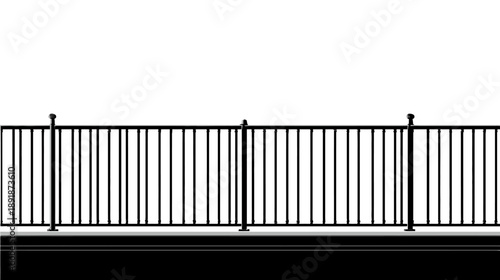 A straight, black metal barrier, with vertical bars, resting on a dark base, on a white background
