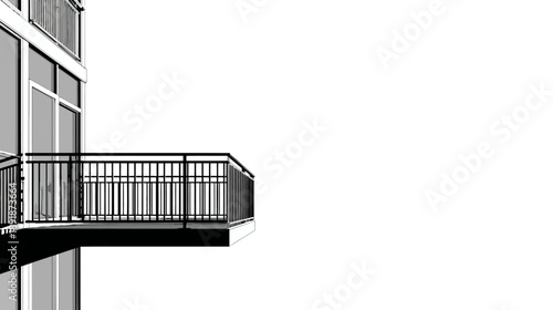 Architectural drawing of a building's facade, featuring a balcony with railings